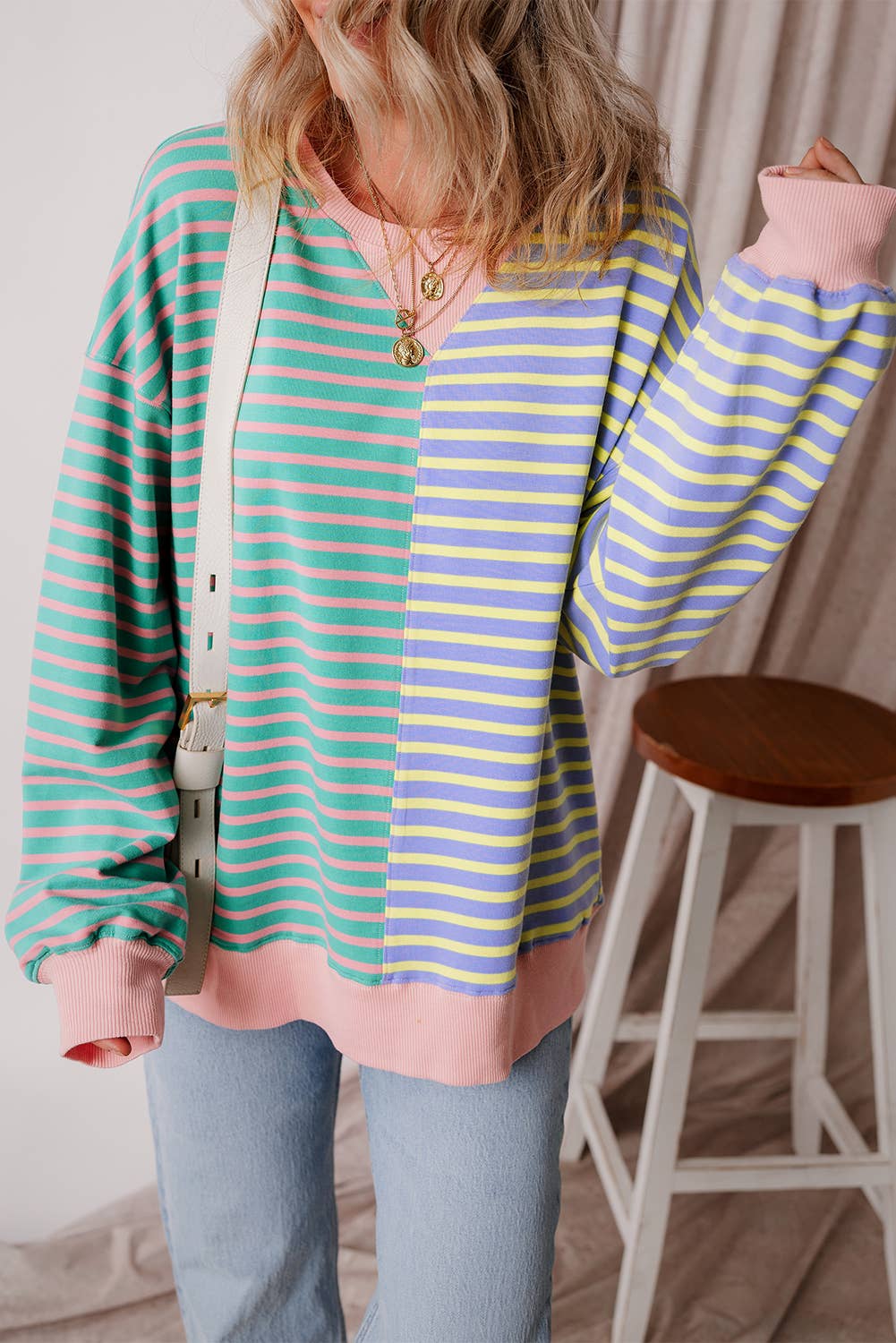 Colorblock Striped Oversize Sweatshirt