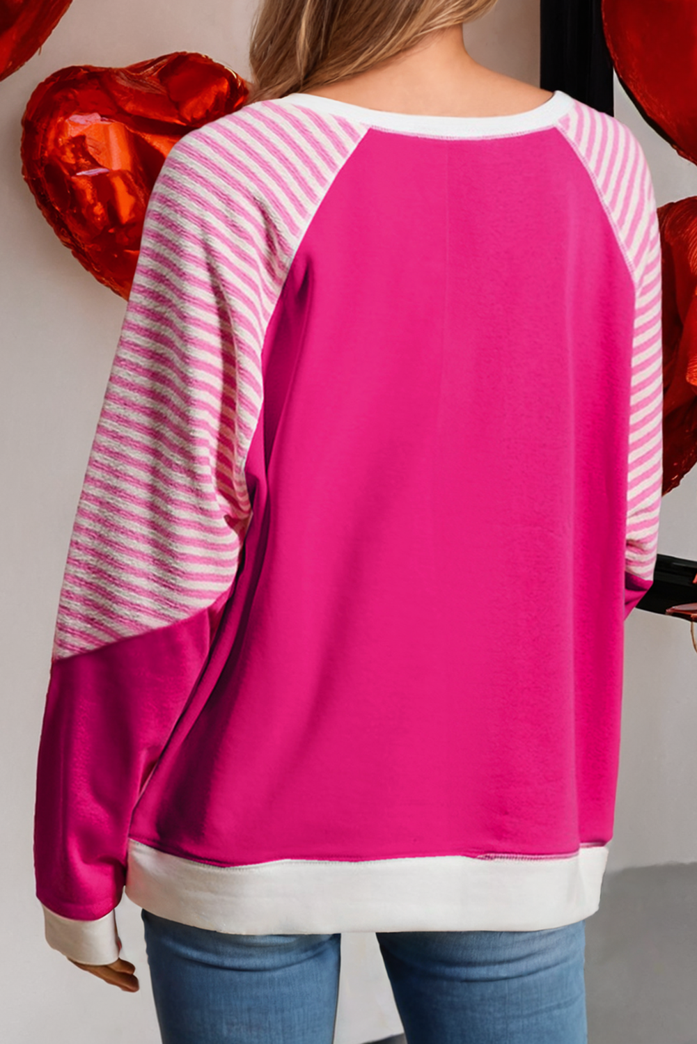 Striped Patchwork Crew Neck Raglan Sleeve Top: Strawberry Pink