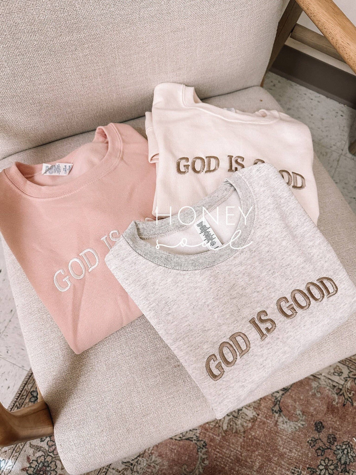 Embroidered GOD IS GOOD Sweatshirt: Dusty Pink