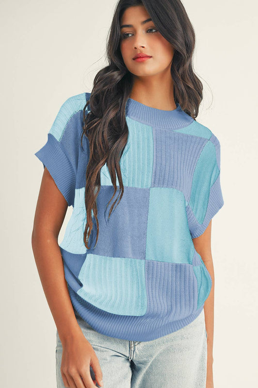 Checkered Color Block Crew Neck Short Sleeve Sweater: Light Blue