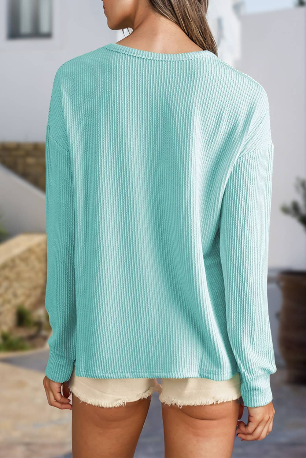 Corded Casual Round Neck Long Sleeve Top