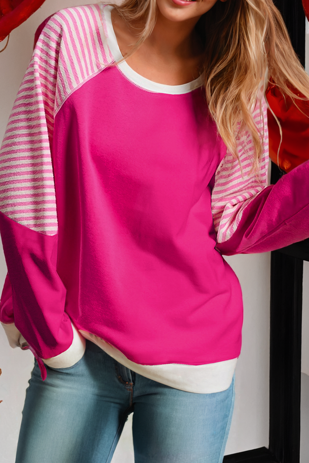 Striped Patchwork Crew Neck Raglan Sleeve Top: Strawberry Pink