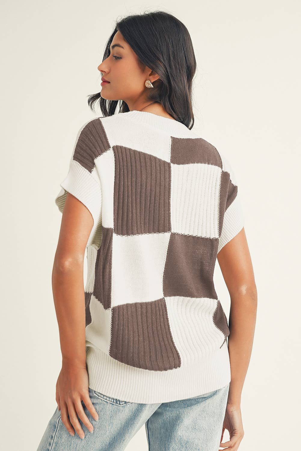 Checkered Color Block Crew Neck Short Sleeve Sweater: Khaki