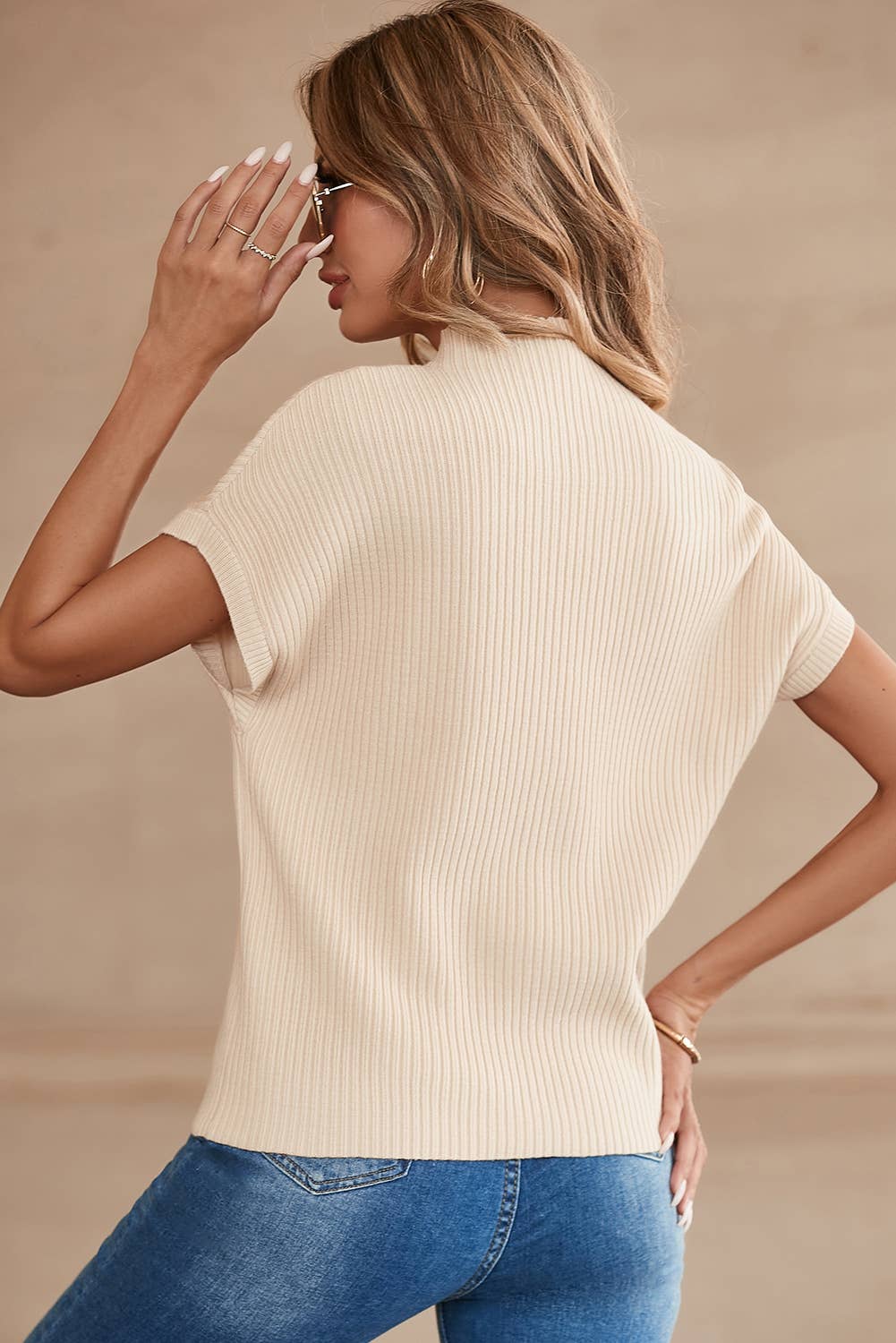 Patch Pocket Ribbed Knit Short Sleeve Sweater: Oatmeal