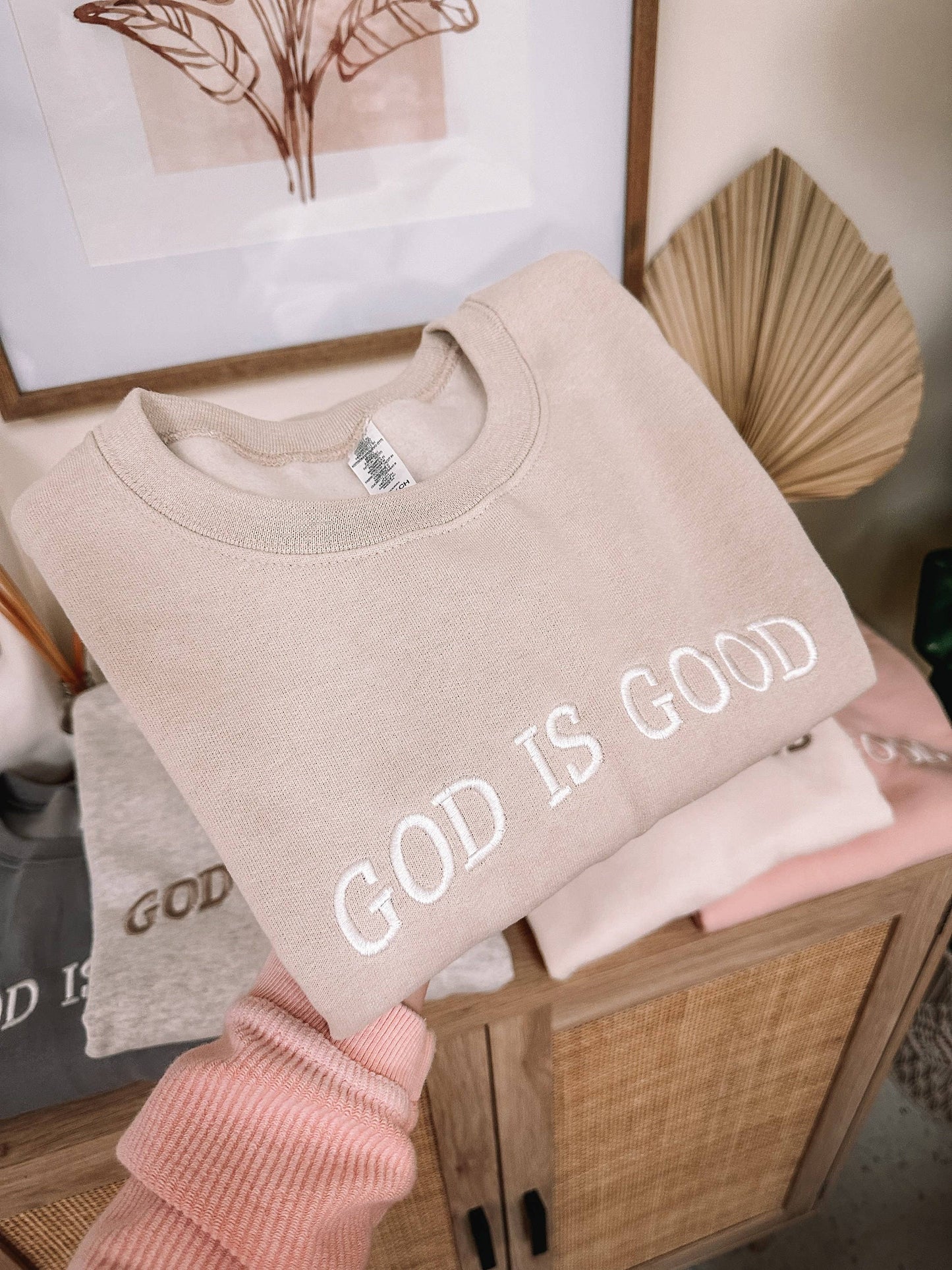 Embroidered GOD IS GOOD Sweatshirt: Dusty Pink