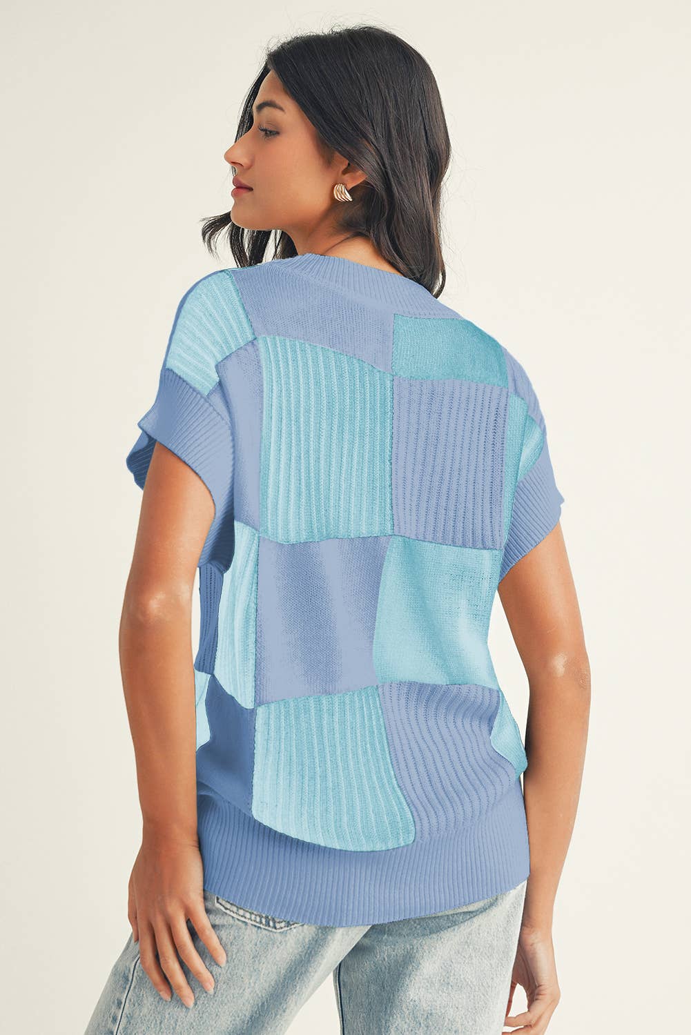 Checkered Color Block Crew Neck Short Sleeve Sweater: Light Blue